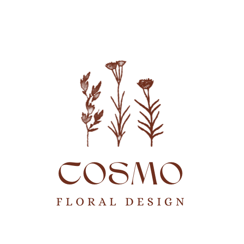 Cosmo Floral Design — logo lockup with arch icon (terracotta on black)