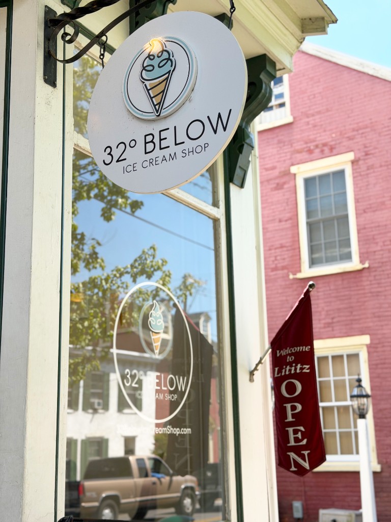 32° Below Ice Cream Shop circular hanging sign outside the Lititz storefront