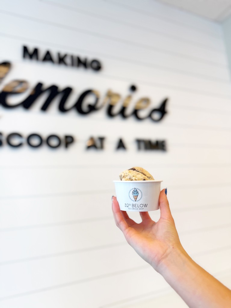Branded cup with a scoop of ice cream in front of a Making Memories One Scoop at a Time wall sign
