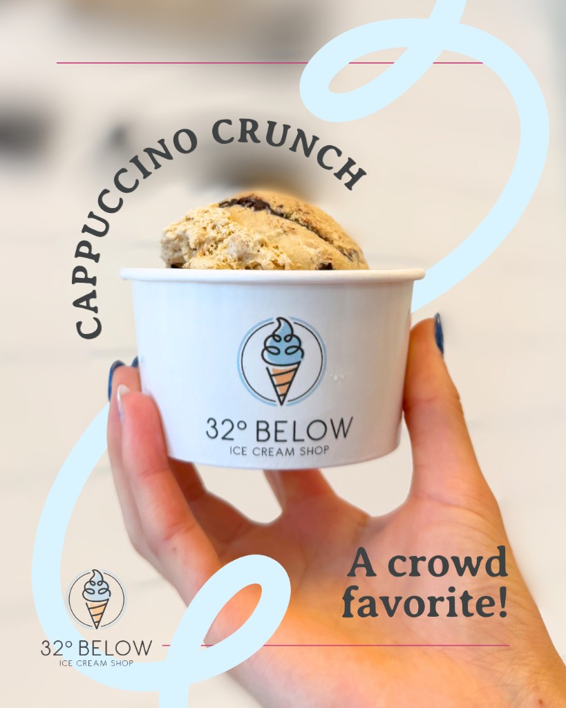 32° Below social post: Cappuccino Crunch flavor spotlight with branded cup and crowd favorite callout