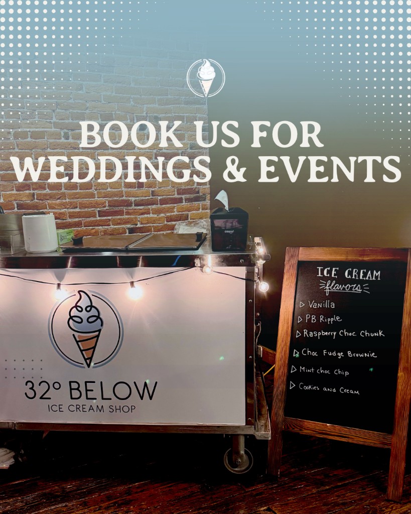 32° Below social post: Book us for weddings and events with ice cream cart and chalkboard menu