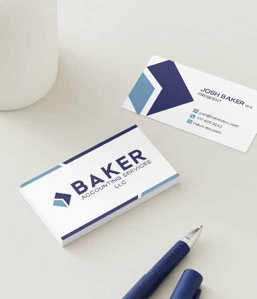 Baker Accounting Services business cards mockup with pen and mug
