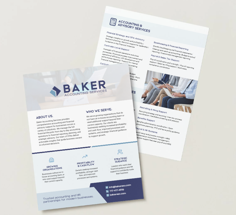 Baker Accounting Services one-pager brochure mockup