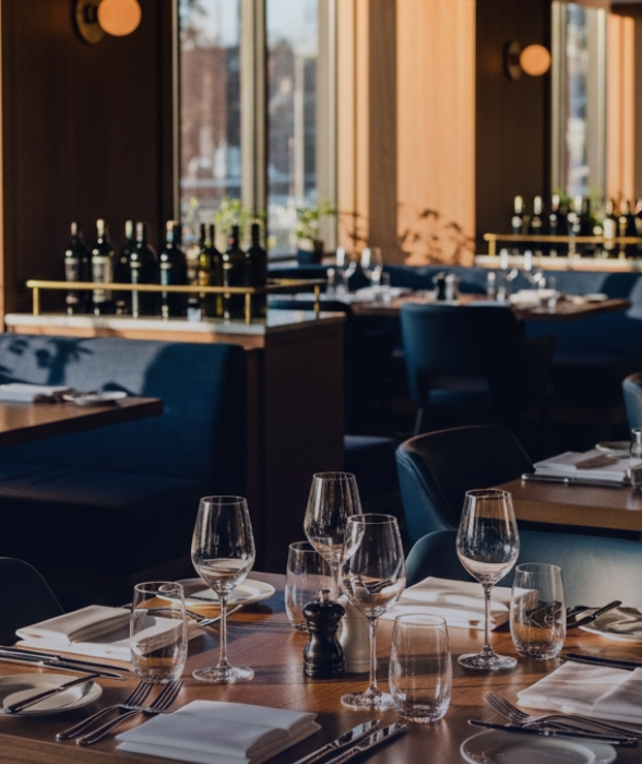 Upscale restaurant dining room used in Baker Accounting brand photography