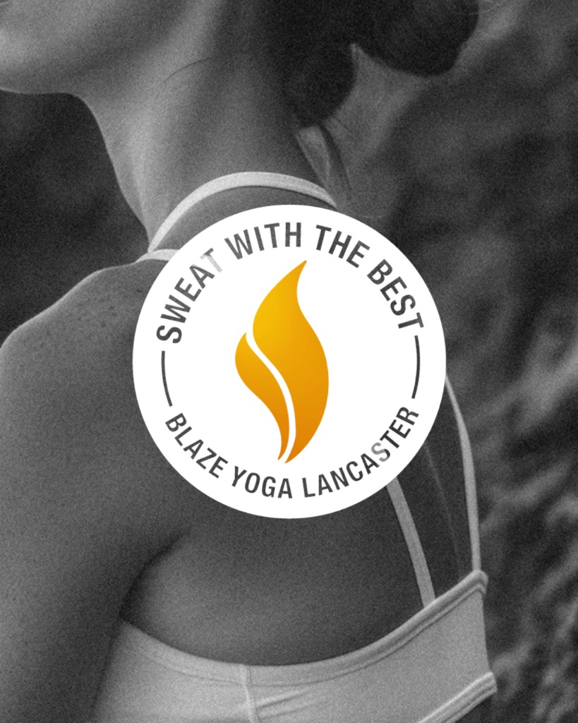 Blaze Yoga Lancaster logo on a grainy black-and-white athletic lifestyle photo