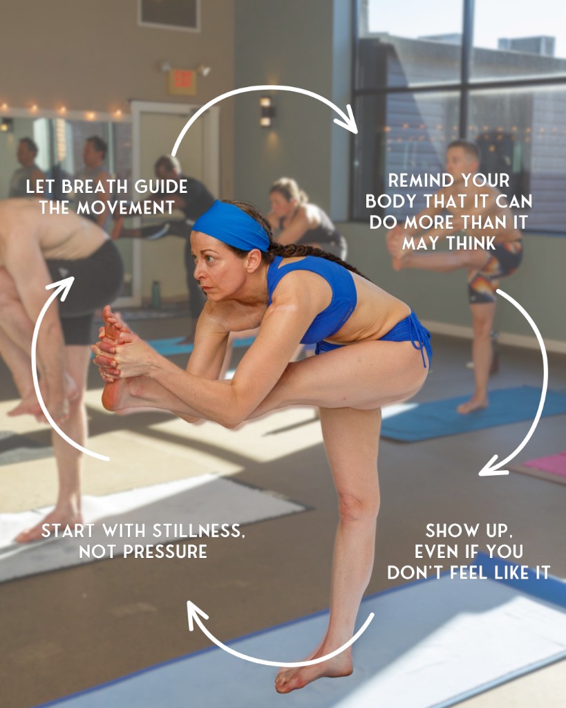 Blaze Yoga instructor in a standing balance pose with motivational studio copy