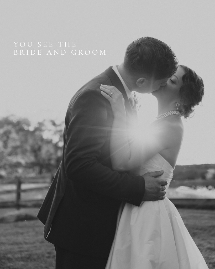 Social graphic: a bride and groom kissing in black and white, with the line You see the bride and groom