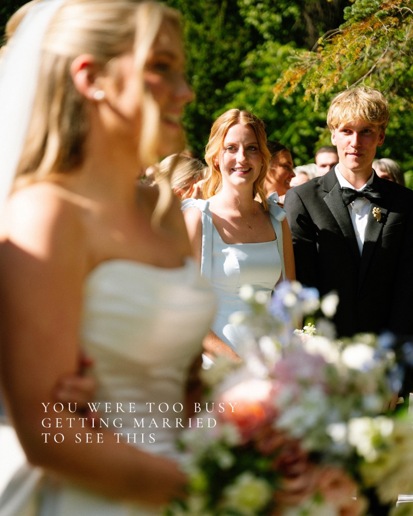 Social graphic: wedding guests smiling behind the couple, with the line You were too busy getting married to see this