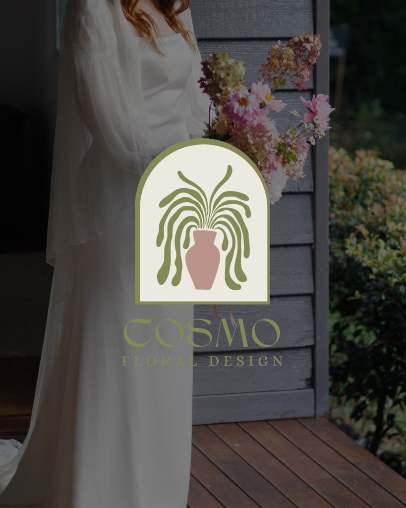 Cosmo Floral Design logo over a bride holding a bouquet on a porch