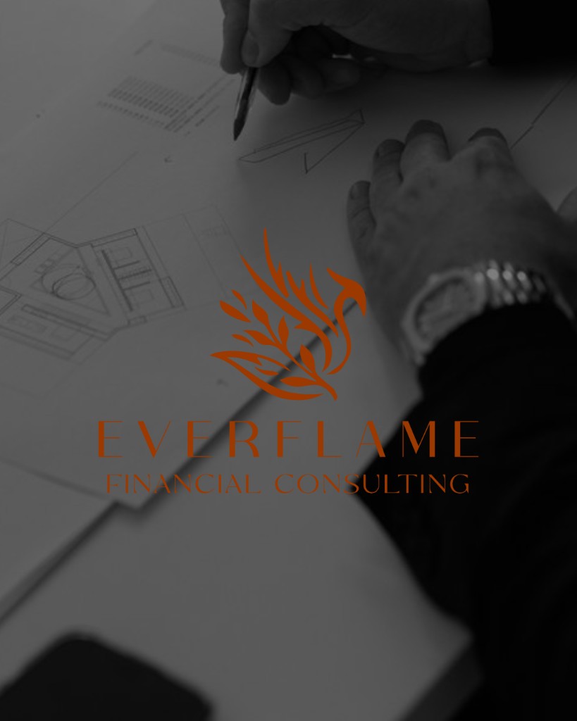 Everflame Financial Consulting logo on a dark photograph of hands drafting plans