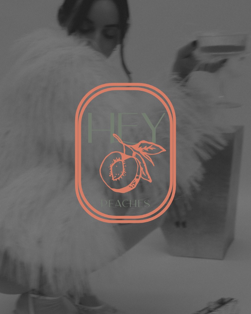 Hey Peaches logo with peach illustration over a black-and-white portrait