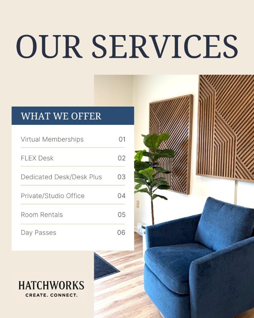 Hatchworks social post: Our services — virtual memberships, flex desk, private offices, room rentals, and day passes