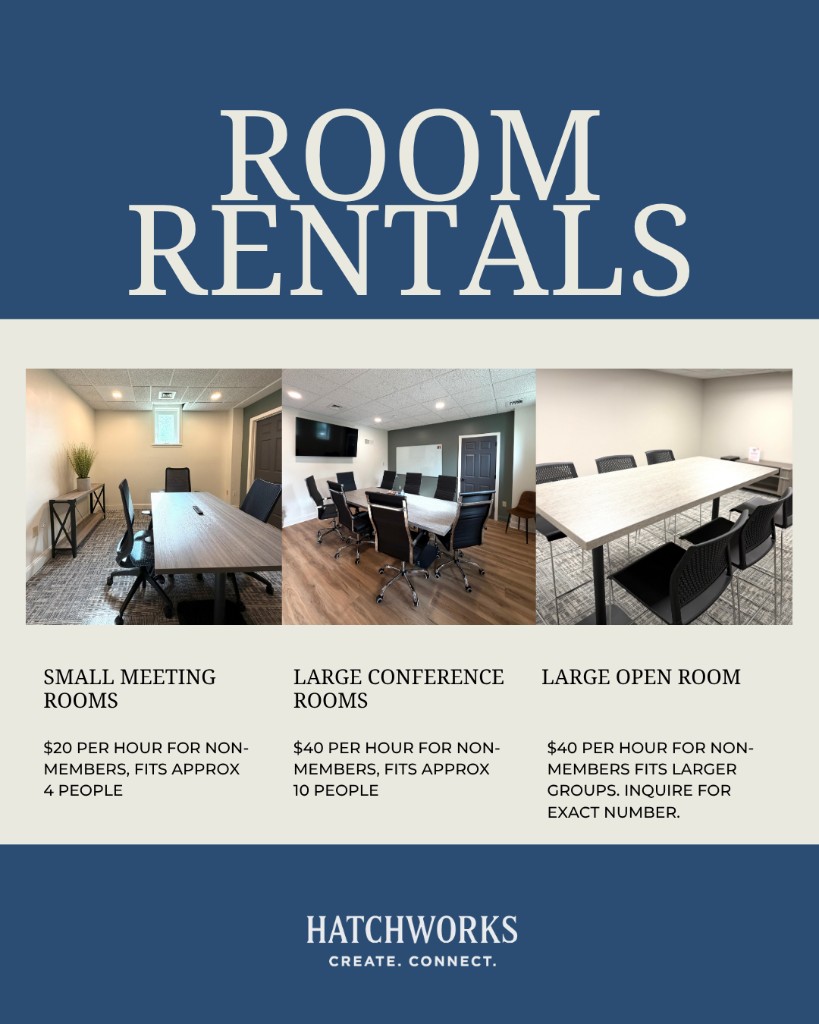 Hatchworks social post: Room rentals for small meeting rooms, large conference rooms, and open rooms