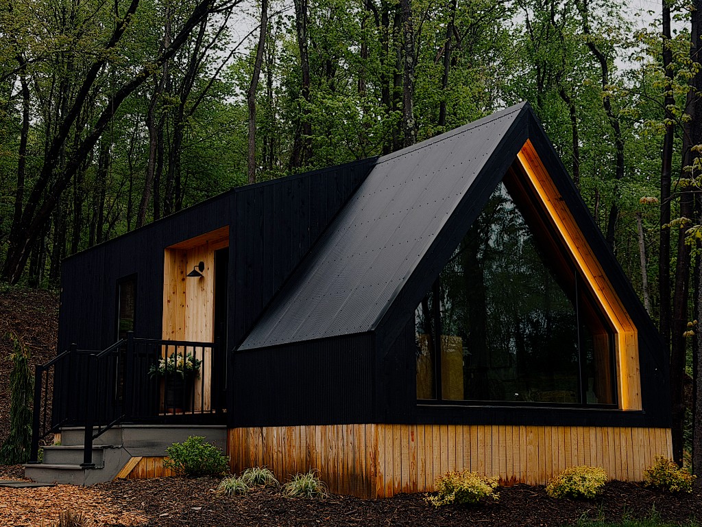 Modern black A-frame cabin with floor-to-ceiling glass in a green forest at Lakewood Reserve