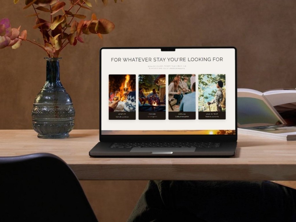 Laptop showing the Lakewood Reserve website stay-type cards for couples, friends, families, and solo retreats