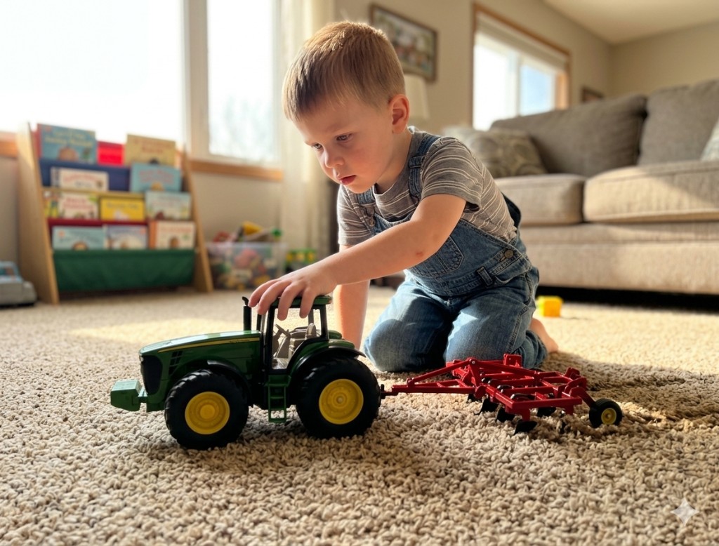Young boy playing with a green toy tractor on a living room carpet