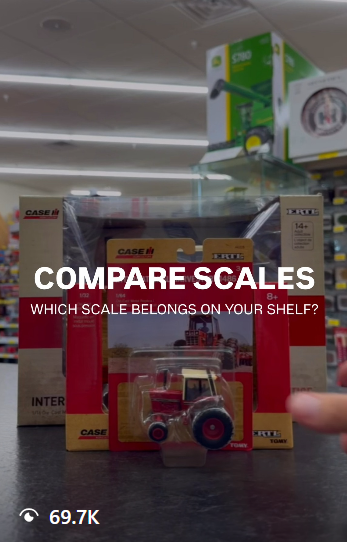 Case IH toy tractors in two scales with a compare-scales reel overlay