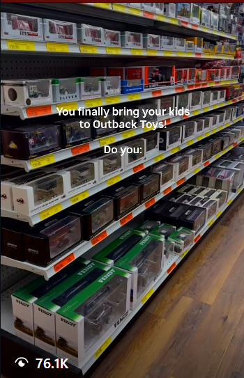 Packed Outback Toys aisle of boxed farm models with a reel overlay about bringing kids to the store
