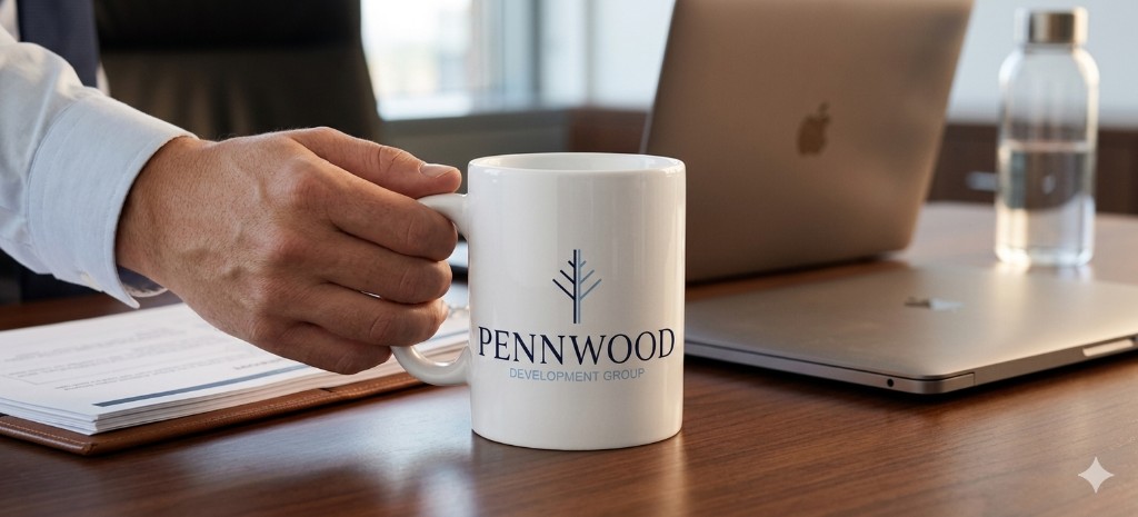 Pennwood Development Group branded mug on a desk with laptop and portfolio in an office setting