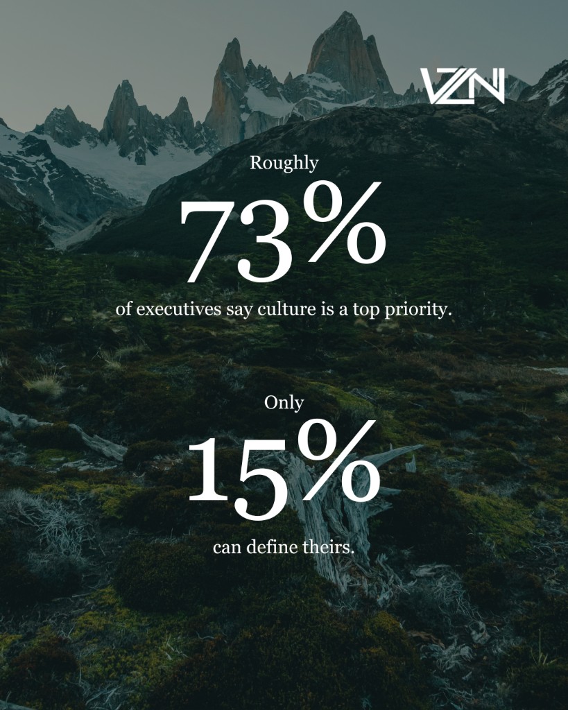 Vizion social graphic: 73% of executives say culture is a top priority, only 15% can define theirs, over a mountain landscape
