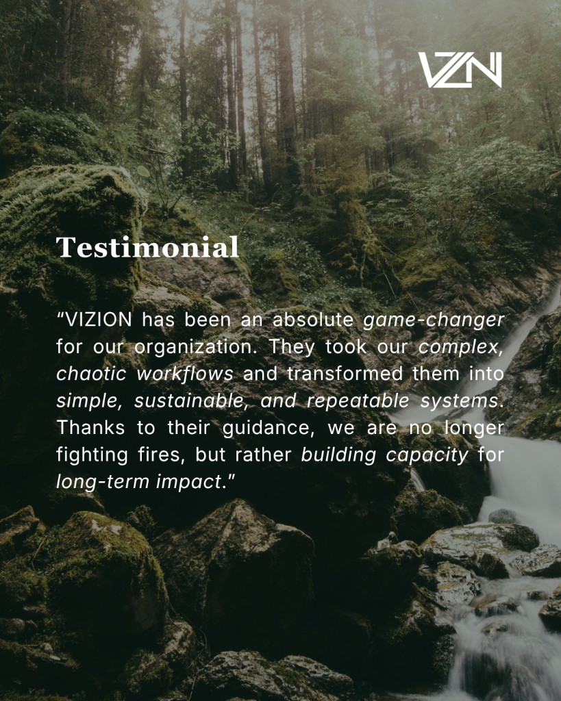 Vizion client testimonial social graphic over a forest waterfall scene