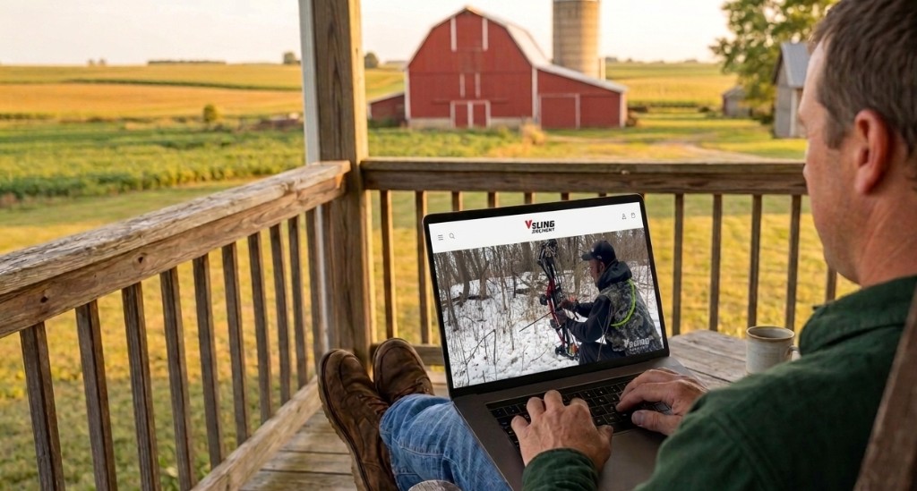 Designer reviewing the Vsling Archery website on a laptop overlooking a farm porch