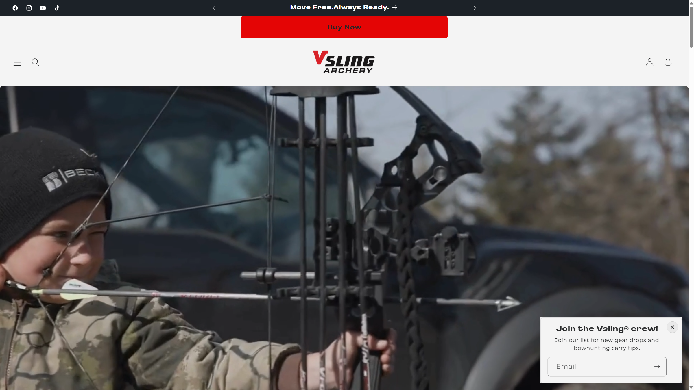 Vsling Archery homepage hero showing a young archer with a compound bow